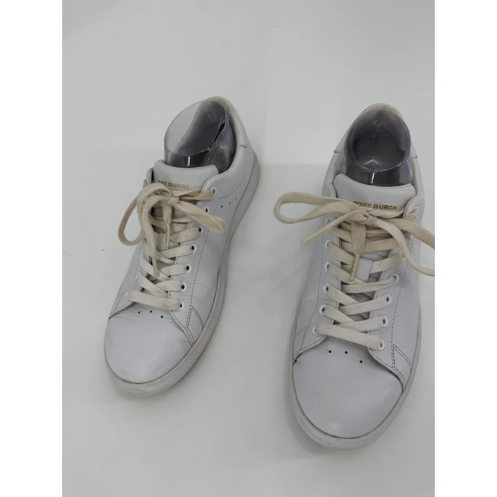 Tory Burch White Leather Sneakers Gold Logo Low Top 9M 73057